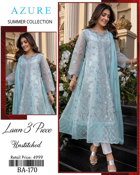 Azure Unstitched 3-Piece Embroidered Lawn Suit – 90/70 Quality with Bamber Dupatta