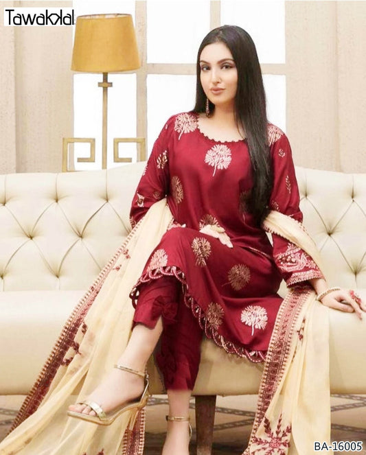 Tawakal Unstitched 3-Piece Embroidered Lawn Suit – 90/70 Quality with Bamber Dupatta